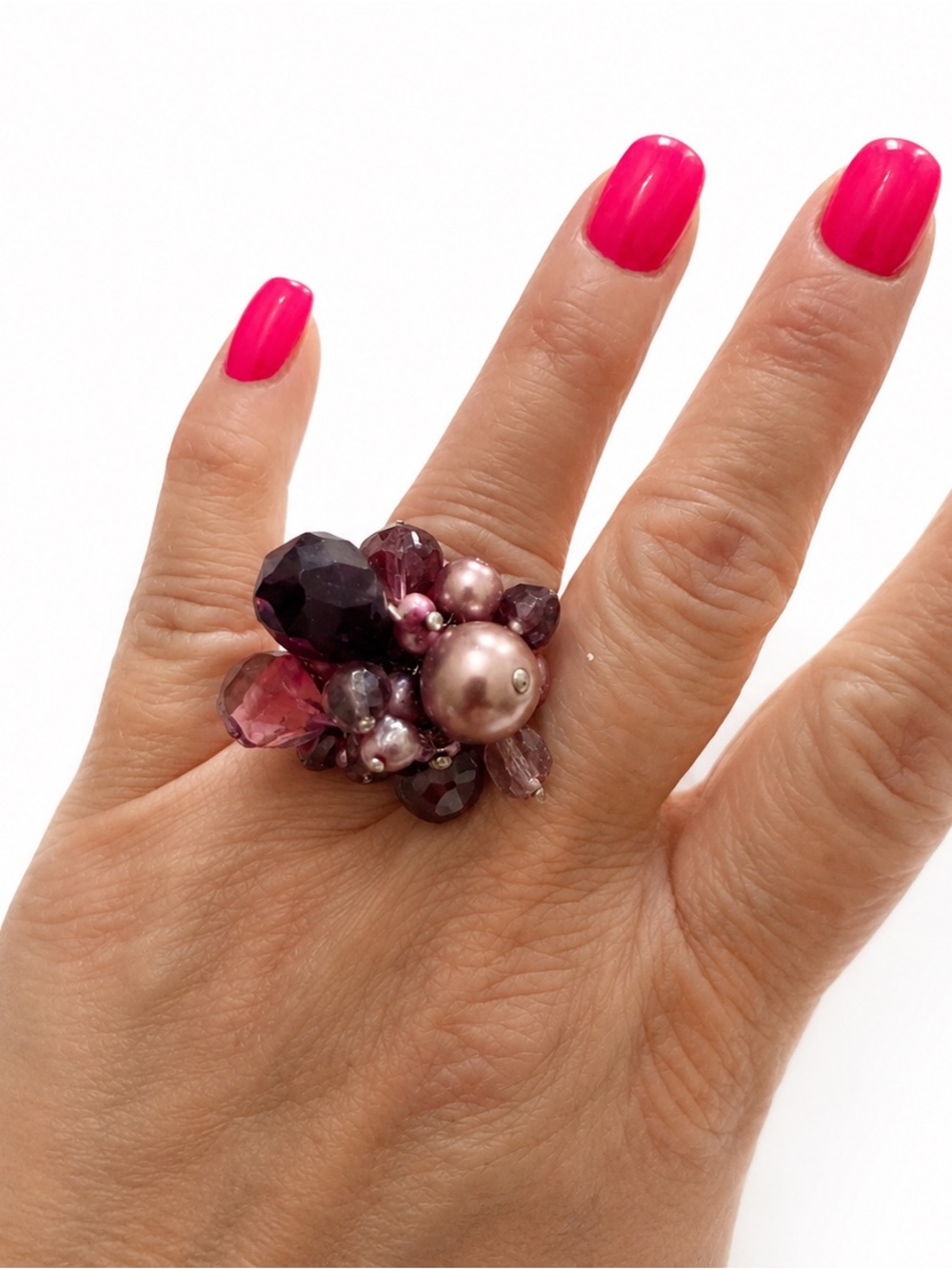 Cluster Bead Cocktail Ring in Deep Plum and Pink